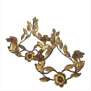 Vintage Pair MCM Italian Gilded Tole Metal Wall Hanging Candle Sconces Hollywood
